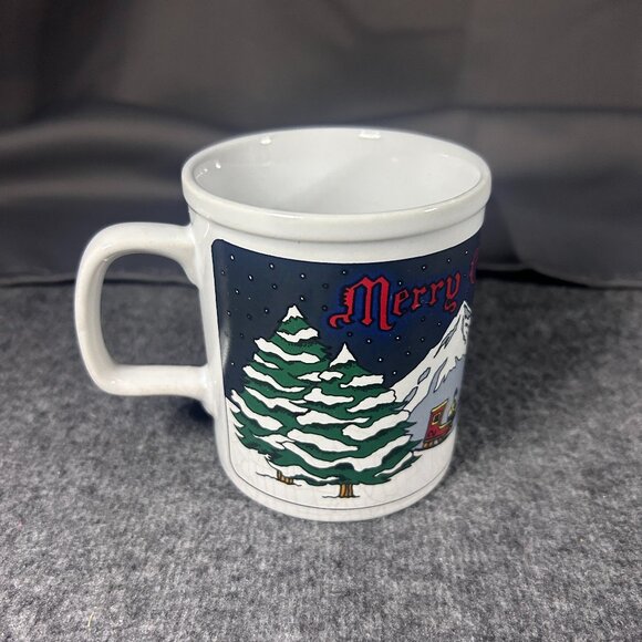 Vintage Festive Season Mug Christmas Tree Village Holiday Coffee Cup Japan - Picture 1 of 6